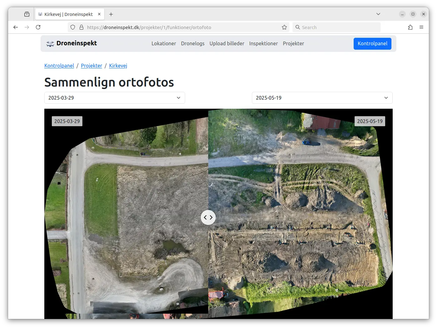 Comparison of orthophotos from two drone inspections using a before-and-after slider to show visual changes in the same area over time.